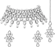 [Aheli] Silver Plated Crystal & Beads Studded Necklace Earrings Maangtikka Set Ethnic Jewellery for Women, One Size, Metal, No Gemstone