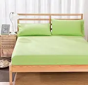 Double Fitted Sheet,Solid Color Comfortable Polyester Mattress Topper, Bedroom Hotel Homestay Deep Pocket Bed Cover Pillowcase,Green,90x190cm*15cm (3pcs)
