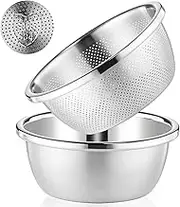 POPGRADE 304 Stainless Steel Colander 5QT Microporous Colander & Large Bowl for Kitchen,Rice Strainer with Salad Mixing Bowl for Pasta Straining,Fruit Washing,Vegetable Draining,Food Mixing(2PCs)