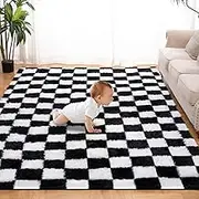 Super Soft Black and White Area Rug, 5x7 Ft Classic Checkered Shaggy High Pile Fluffy Fuzzy Carpet for Bedroom, Living Room, Kids Room, Nursery, Dorm, Home Decor