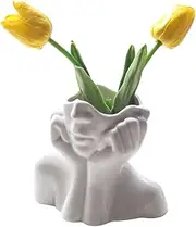 Face Vase, Ceramic Body Flower Vase, Female Form Shelf Decor, Modern Farmhouse Table and Bookshelf Decor, Small Cute Half Face Vase (Hands on Cheeks)