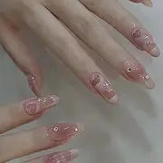 24Pcs Fancy Glossy Full Cover Soft Pink Heart Coffin Acrylic Fake Nails Tips Cute for Women and Girls Baby Pink Party Salon Press on Acrylic False Nails with Design with Nail Adhesive Tabs