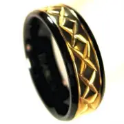 TITANIUM BAND RING with Gold Plated Engravings & Black Plated Edges, size 10