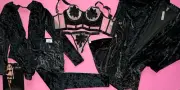 Victoria's Secret 32D,34B CORSET BRA SET+TEDDY+LEGGINGS+ROBE Beige BLACK VELOUR
