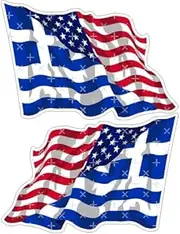 USA United States of America & GREECE HELLAS American-Greek Hellenic Waving Flag 4,7" (120mm) Vinyl Bumper Stickers, Decals x2 (Left-Right)
