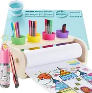 yokugo Wooden Tabletop Paper Roll Dispenser, Tabletop Easel Paper Roll Holder for Kids, Kids Art Desktop Easel Painting Stand with Drawing Mat, 12 Color Pens, 4 Pencil Holder Cups, Blue