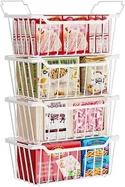 SUNALLY Freezer Organizer Bins, 4 Pack Chest Freezer Organizer Stackable for 5-7 Cu.FT Deep Freezer Sort Frozen Meats and Food, Freezer Storage Baskets with Handles Easy Reach from Bottom, White