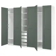 PAX / GRIMO wardrobe combination, white/grey-green, 300x60x236 cm