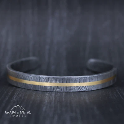 Damascus Bracelet Brass Inlay Hand Forged Steel Cuff Bracelet Viking Jewelery