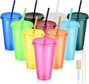 24oz Reusable Plastic Cups with Straws & Lids:10 Pack Cold Iced Coffee Drinking Cup Colorful Straw Tumblers Bulk - Cute Durable Travel Party Cup for Adults