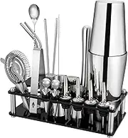 WOTOW Cocktail Shaker Set - 25-Piece Silver Stainless Steel Boston Bartender Kit with Acrylic Stand and Recipe - Professional Bar Tools for Drink Mixing, Home, Bar, Party