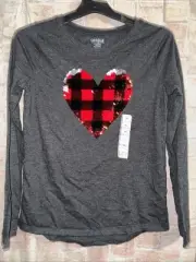 Cat & Jack girls long sleeve shirt heart sequin Buffalo Plaid Heart XL 14/16