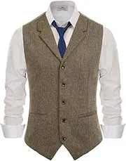 [PJ PAUL JONES] Mens Western Herringbone Suit Vest Tweed Wool Blend Slim Fit Waistcoat