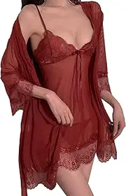 [Generic] Women's Lace Kimono Robe Lingerie Sheer Babydoll Nightgown Nightdress Mini V Neck Nighty Sleepwear Nightwear