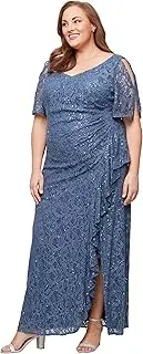 [Alex Evenings] Women's Long Stretch Lace and Sequin Mother of The Bride Dress with Cold Shoulder Flutter Sleeves (Plus Size)