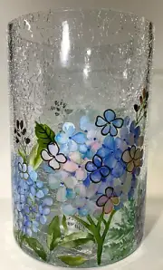 Yankee Candle 7” Hydrangea Floral Blue Purple Gold Crackle Glass Candle Holder!