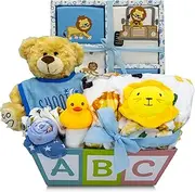 Nikki’s Gift Baskets Sweet New Baby Boy Gift Basket, Baby Layette Set with Adorable New Baby Essentials, Newborn Baby Gift Set Basket for Expecting Moms & Baby Showers, Baby Dinosaur Clothes, Blue