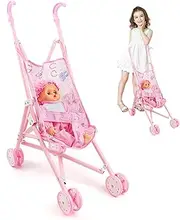 Baby Doll Stroller Set, 2PCS/Set Foldable Doll Stroller with Doll, Cute Posable Baby Doll with Wearable for Toddlers Girls
