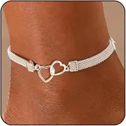 [BelleVive] Double Heart Ankle Bracelet – Silver-Coloured, Waterproof Diamond Rhinestone for Women, silver anklet summer anklets ankle jewellery anklet silver 925 for Women, X-Large, Plastic