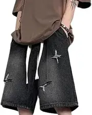 [IDEWO] Spider Graphic Baggy Jorts Star Print Denim Shorts Baggy Jorts Casual Wide Leg Shorts Patchwork Jeans Shorts Jorts Y2K