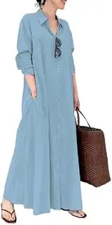 [ChangNanJun] Women's Basic Loose Fit Long Sleeve Button Up Maxi Shirt Dress with Pockets