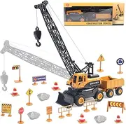 Hapavis Crane Toys Construction Truck Inertia Vehicle Engineering Car with Trailer Road Signs for Kids Boys Girls Birthday Gift