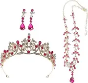 [TINEASUR] Set Wedding Headdress Three Piece Set Christmas Accessories Gold Filled Earrings Christmas Jewelry Christmas Necklace Christmas Costumes Rose Gold Costume Jewelry Pink Crown Alloy