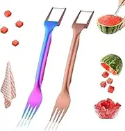 Easilyous 2-in-1 Fruit Cutter & Fork, Stainless Watermelon Cutter Slicer Tool, Portable Dual Head Fruit Forks Slicer Knife, Watermelon Fork Camping Kitchen Gadgets (2pcs-a)