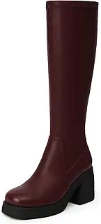 [Easyfox] Knee High Boots Women Square Toe Elastic Boots Platform Chunky Heel Stretchy Tall Boots Side Zipper Fashion Dress Long Boots