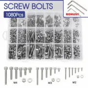 1080pcs M2/M3/M4 Stainless Steel Bolts Nuts Screws Hex Head Assorted Kit Set