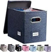Prandom File Organizer Box - Set of 1 Collapsible Decorative Linen Filing Storage Hanging File Folders with Lids Office Cabinet Letter Size Navy Blue (14x9.3x10.8 inch)