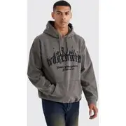 Mens Grey Oversized Worldwide Graphic Hoodie