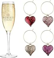 Monnel P501 Assorted Little Heart Love Pendants Wine Charms Glass Marker for Party with Velvet Bag- Set of 4