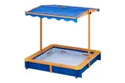 Teamson Kids 4' Square Solid Wood Sandbox with Rotatable Canopy Cover, Honey/Blue