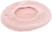 [Generic] Bow Beret Bonnet Hats Fuzzy Bucket Hats for Woman Women's Hats & Caps Fluffy Hats Beret Beret Cozy Beret for Women Beret Hat French Beret Faux Wool Pink