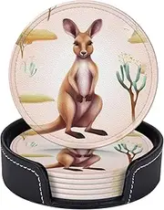 [EVANEM] Leather Drink Coasters with Holder Cartoon Kangaroo Zoo Coasters for Drinks Set of 6 Round Coaster for Tabletop Protection Drinks Coaster Cup Mat Pad for Home Coaster Set for Home Decor 4 Inch