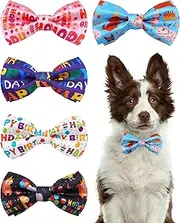 PET SHOW 5 Pack Happy Birthday Big Dog Bow Ties Sliding Collar Attachment Pet Bowties for Medium Large Dogs Party Balloon Cake Bowknots Collar Charms Grooming Accessories