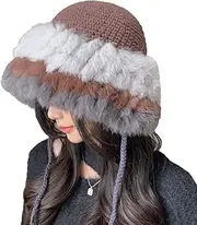 [Pocadri] Winter Knitted Skull Hat for Women Furry Fuzzy Beanie Hats Warm Fluffy Cute Plush Faux Fur Ear Protection Cap