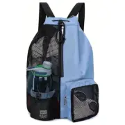 Blue Mesh Drawstring Swim Backpack with Wet Pocket - Lightweight Beach, Gym, Out