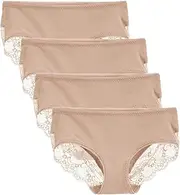 [LIQQY] Women's Cotton Underwear Cotton Hipster Brief Mid Rise Full Coverage Briefs Lace Panties 4 Pack