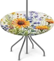 Outdoor Round Tablecloth with Umbrella Hole, Circle Wipeable Table Cover Fitted Table Cloths with Zipper Waterproof Elastic Edged Tablecloths for Party Picnic