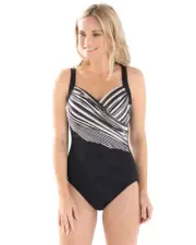 MIRACLESUIT BARCODE SANIBEL ONE PIECE SWIMSUIT BLACK WHITE GOLD SZ 14 NEW! $190