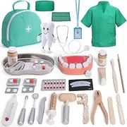 Atoylink Wooden Doctor Kit for Toddler Kids Toy Pretend Play Dentist, 32Pcs Dress Up Costume/ Bag/ Tooth Stand/ Medical Playset Role Play Toys for Kid Boys Girls Age 3 4 5 6 Year Old Birthday Gift