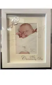 Christening Photo Frame | White with Silver Rattle, Photo Size 4x6