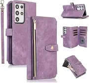 [UEEBAI] Case for Samsung Galaxy S23 Ultra 5G, 9 Card Slots Retro Leather Wallet Shockproof Flip Cover with Hand Strap Card Slots Zipper Pocket Kickstand Handbag Magnetic Closure - Retro Purple