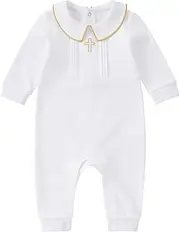 [pureborn] Unisex Baby Jumpsuit Infant Boys Girls Cotton Spring Fall Romper One-Piece Coverall Baptism Outfit White 0-24 Months