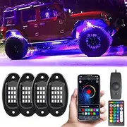 GSRECY RGB LED Rock Lights Kit with APP/Remote Control/Music Mode, High Power Multicolor Neon Underglow Wheel Light Compatible with Lorries Trailer Boat SUV Off Road ATV UTV RZR (4 Pods)