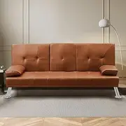 LEVEDE 3 Seater Sofa Bed Convertible, Artificial Leather Loveseat Sofa Couch with 2 Cup Holders, Recliner Sofa Lounge with 3 Adjustable Backrest Positions, Spare Bed for Guest (180cm, Brown)