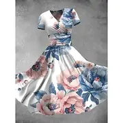 Women's Midi Dress Summer Dress Fit And Flare Dress Party Casual Daily Holiday Regular Fit Floral Graphic Short Sleeve V Neck Pink Blue Sky Blue Light Purple S