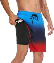 [Inloko] Mens Swim Trunks with Compression Liner 7 inch Inseam Quick Dry 2 in 1 Beach Board Shorts with Pockets S-3XL